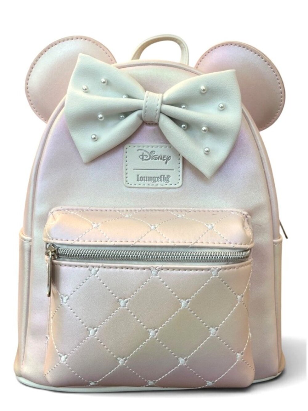 Loungefly Disney Minnie Mouse Pink Pearl Iridescent Mini Backpack White Bow NWT